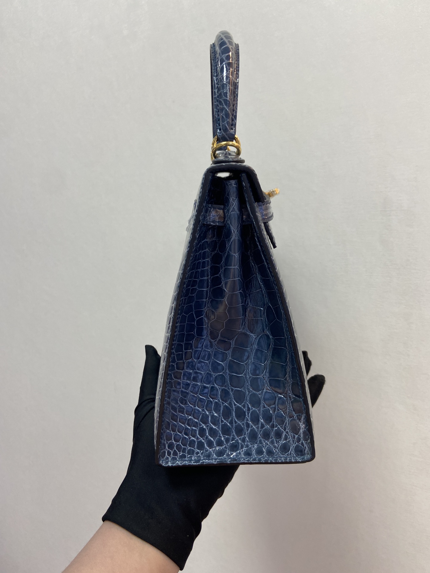 Hermes Kelly 25cm Handbag Shoulder Bag In Blue Nuit Shiny Crocodile Niloticus Leather